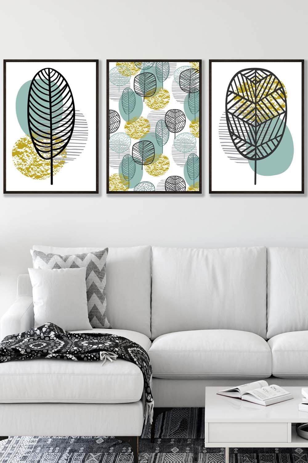 Set of 3 Black Framed Mid Century Floral Pattern in Yellow and Blue Wall Art